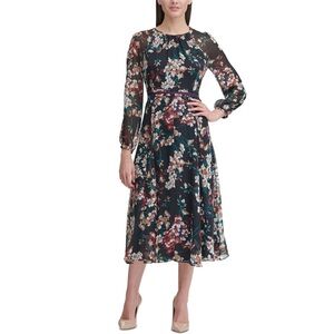 Corsage print chiffon midi dress